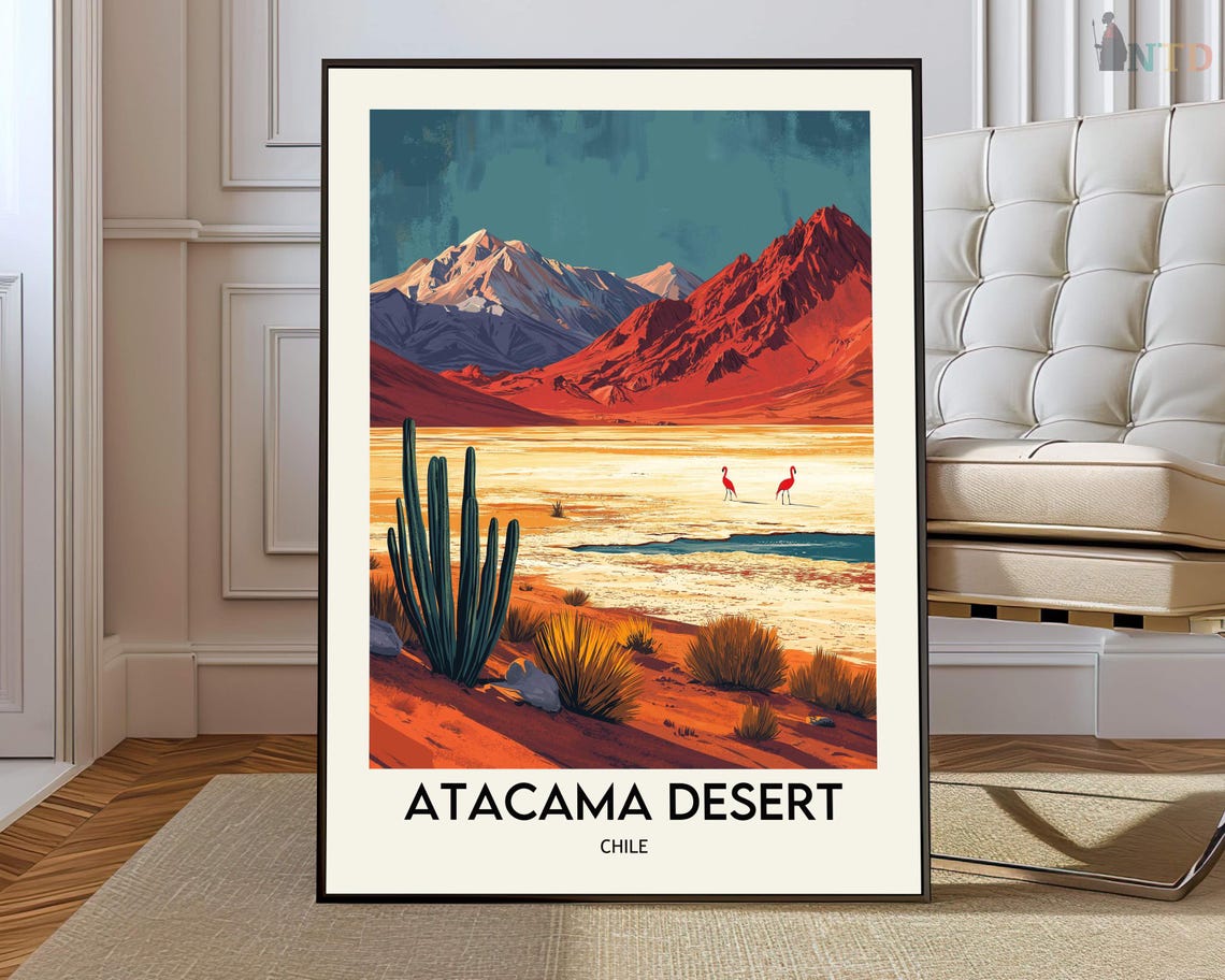 Atacama Desert Chile Flamingos Cactus Mountains Travel Poster