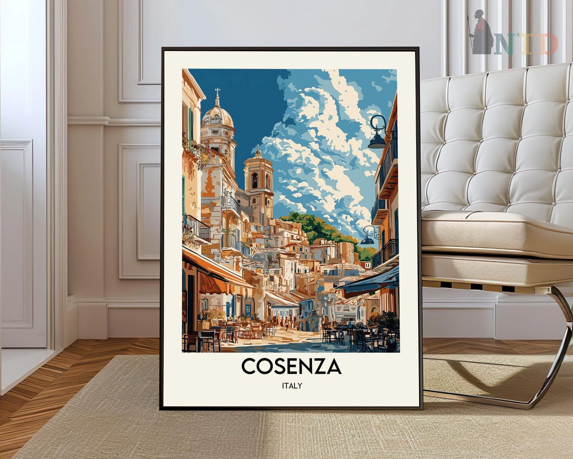 Cosenza Italy Travel Poster Cathedral Street Cafes Illustrated View