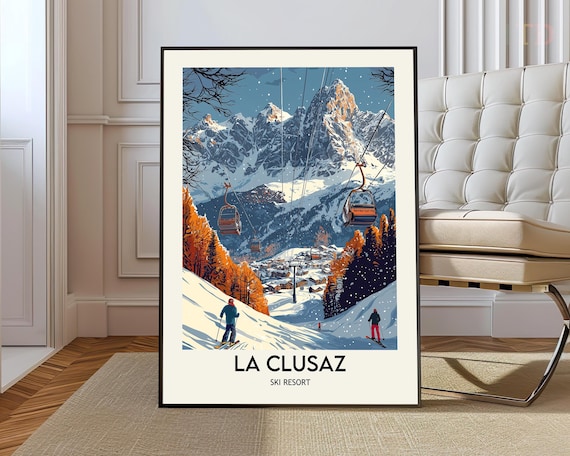 La Clusaz French Alps Gondola Cable Car Retro Ski Resort Art Poster