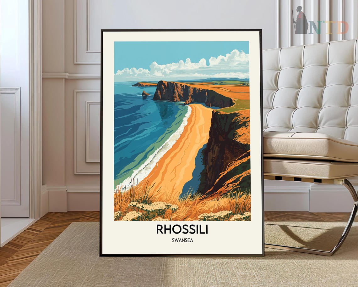 Rhossili Bay Swansea Wales Coastal Cliffs Vintage Travel Poster