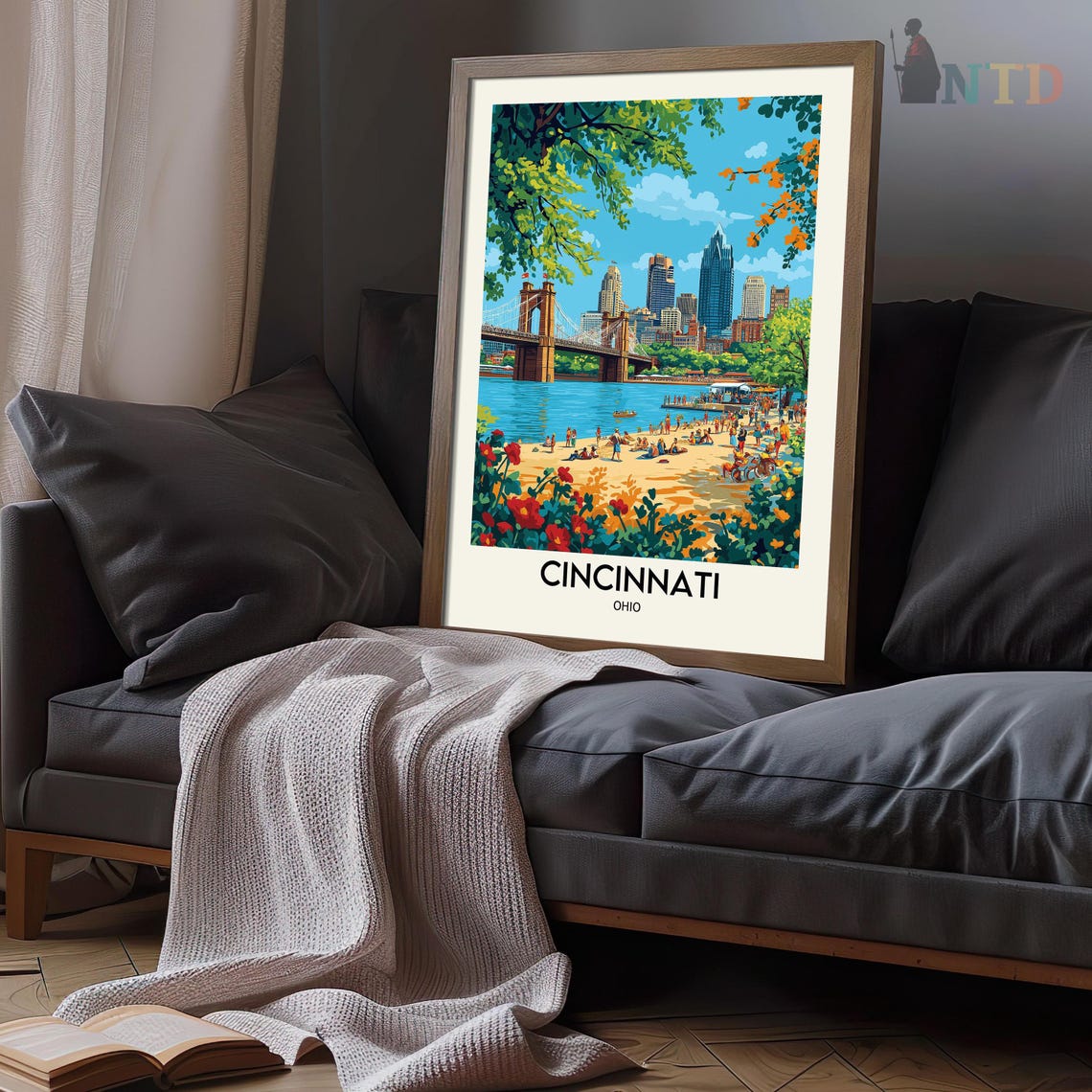 Cincinnati Ohio Suspension Bridge River Beach Skyline Summer Poster - Image 3