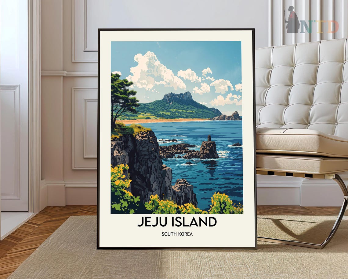 Jeju Island South Korea Rocky Coast Cliffs Vintage Travel Poster
