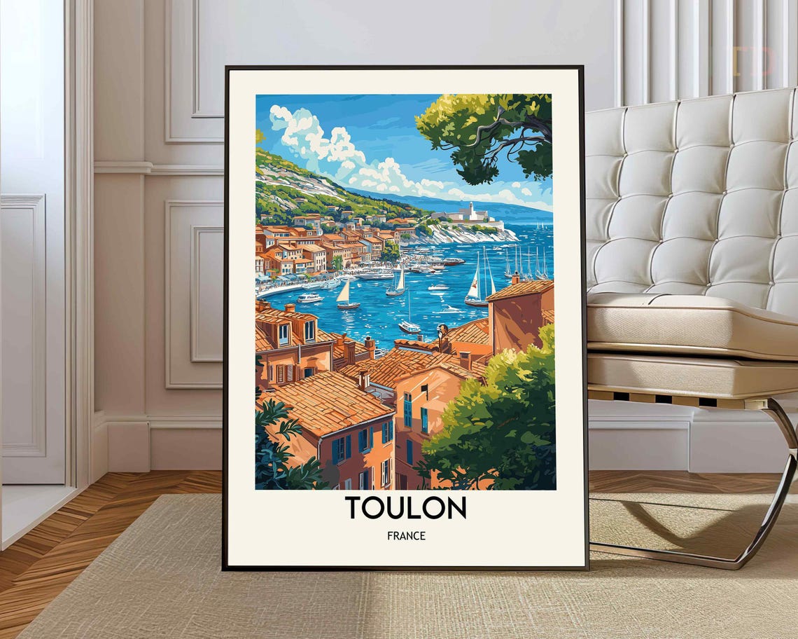 Toulon France Harbor Sailboats Old Town Vintage Travel Poster