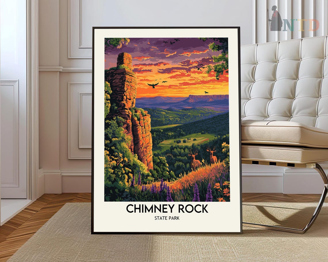 Chimney Rock State Park Sunset Cliff With Deer Travel Poster