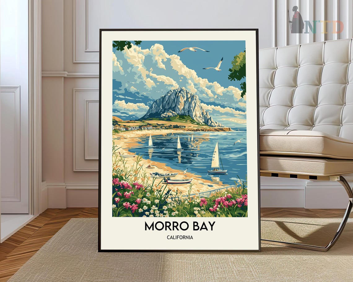 Morro Bay California Rock Sailboats Sandy Beach Travel Poster