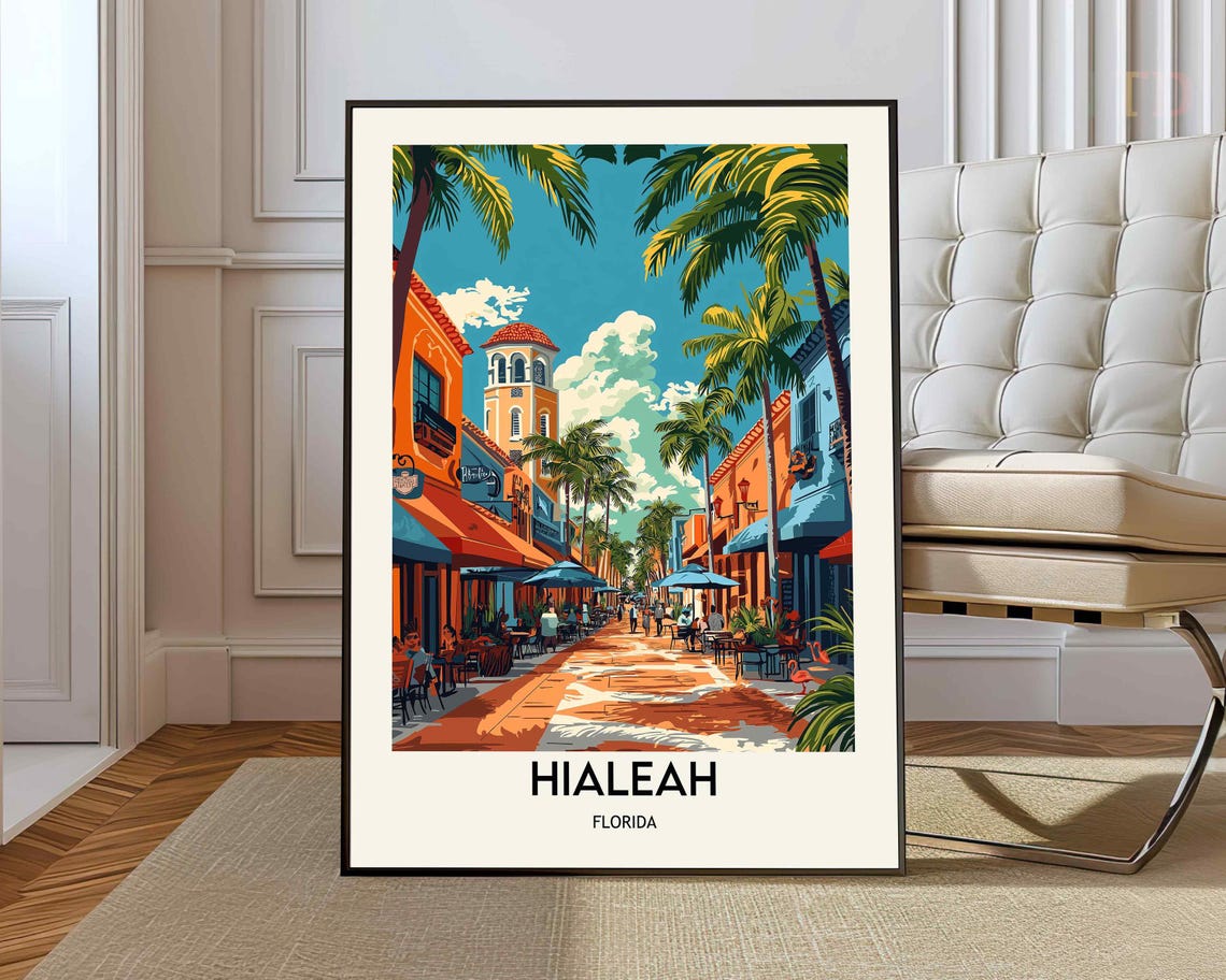 Hialeah Florida Travel Poster Palm Shopping Street Clock Tower