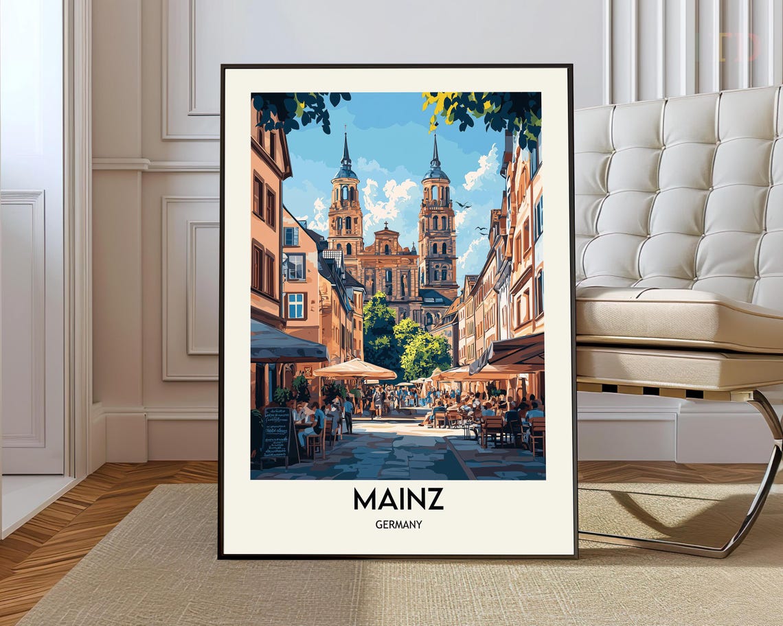 Mainz Germany Travel Poster Cathedral and Old Town Cafe Street