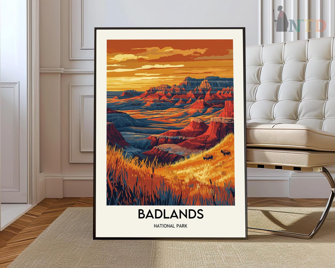 Sunset Over the Badlands Formations National Park Travel Poster