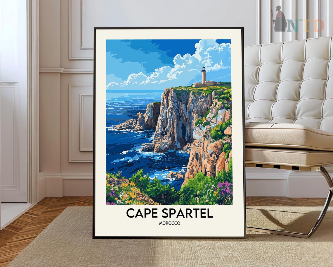 Cape Spartel Morocco Ocean Cliffs Lighthouse Retro Travel Art Poster