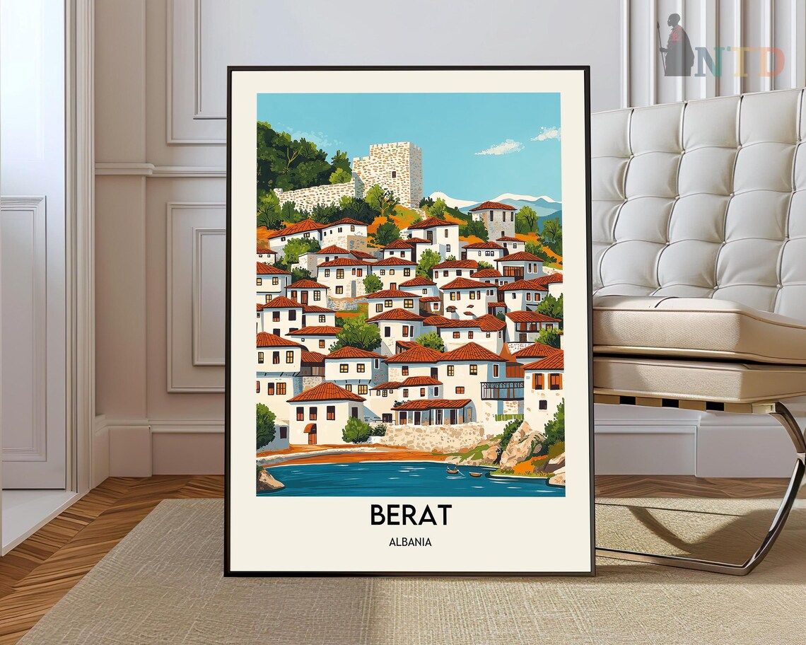 Berat Albania Ottoman White Houses Castle Hill Vintage Travel Poster