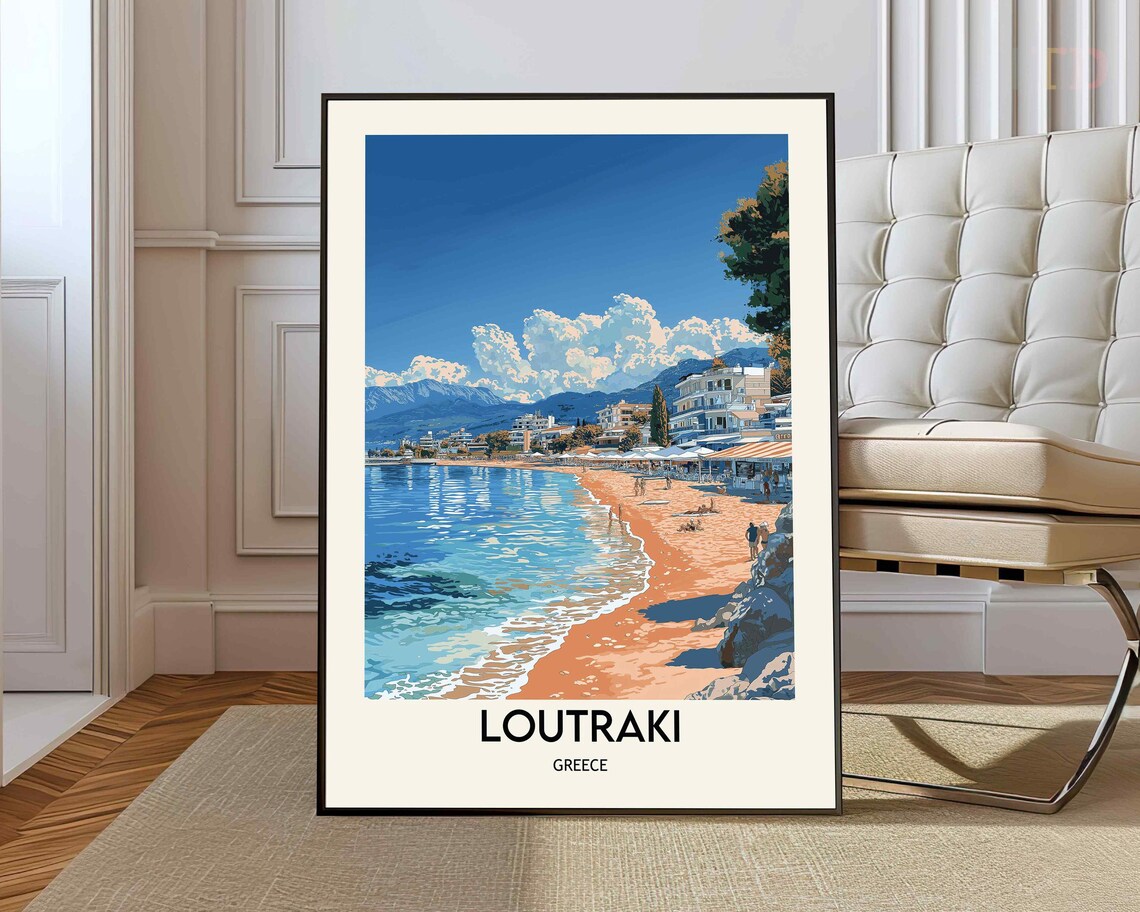 Sunny Loutraki Greece Seaside Beach Vintage Travel Art Poster
