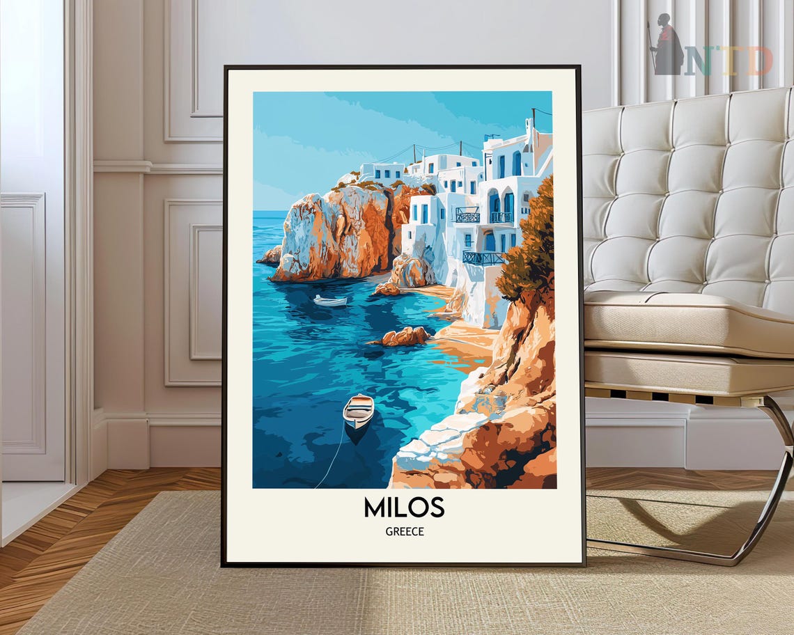 Milos Greece Cliffside Village Fishing Boats Aegean Travel Poster