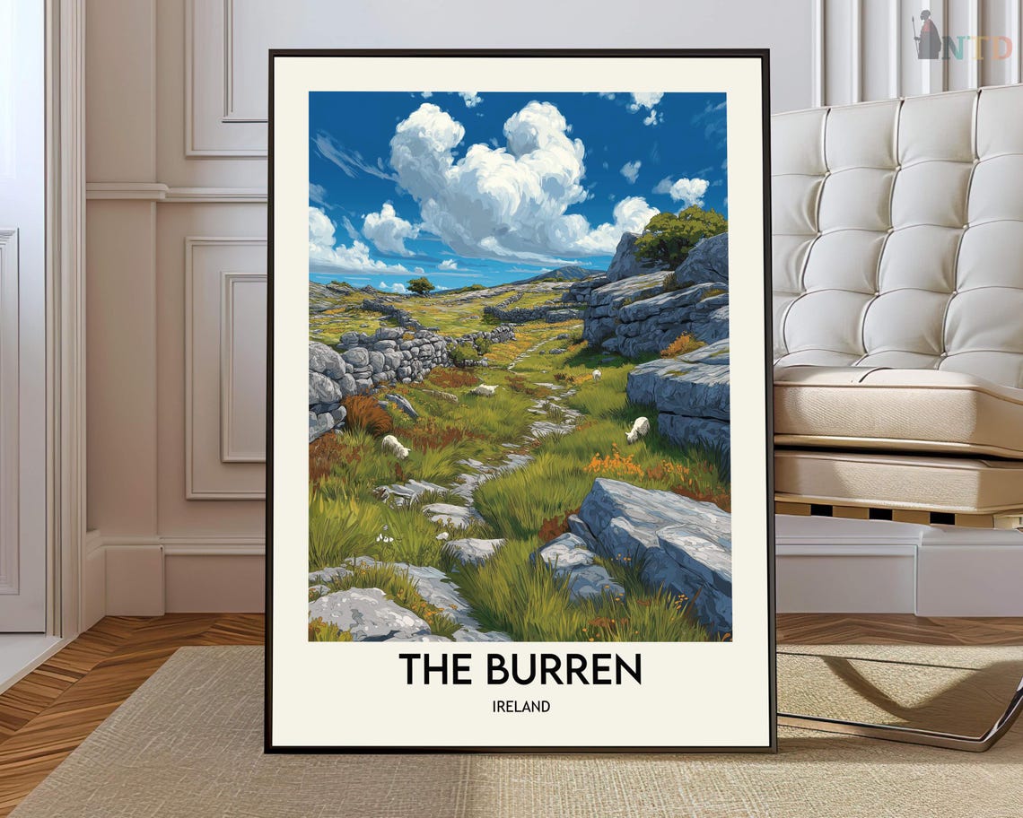 The Burren Ireland Limestone Landscape Sheep Vintage Travel Poster