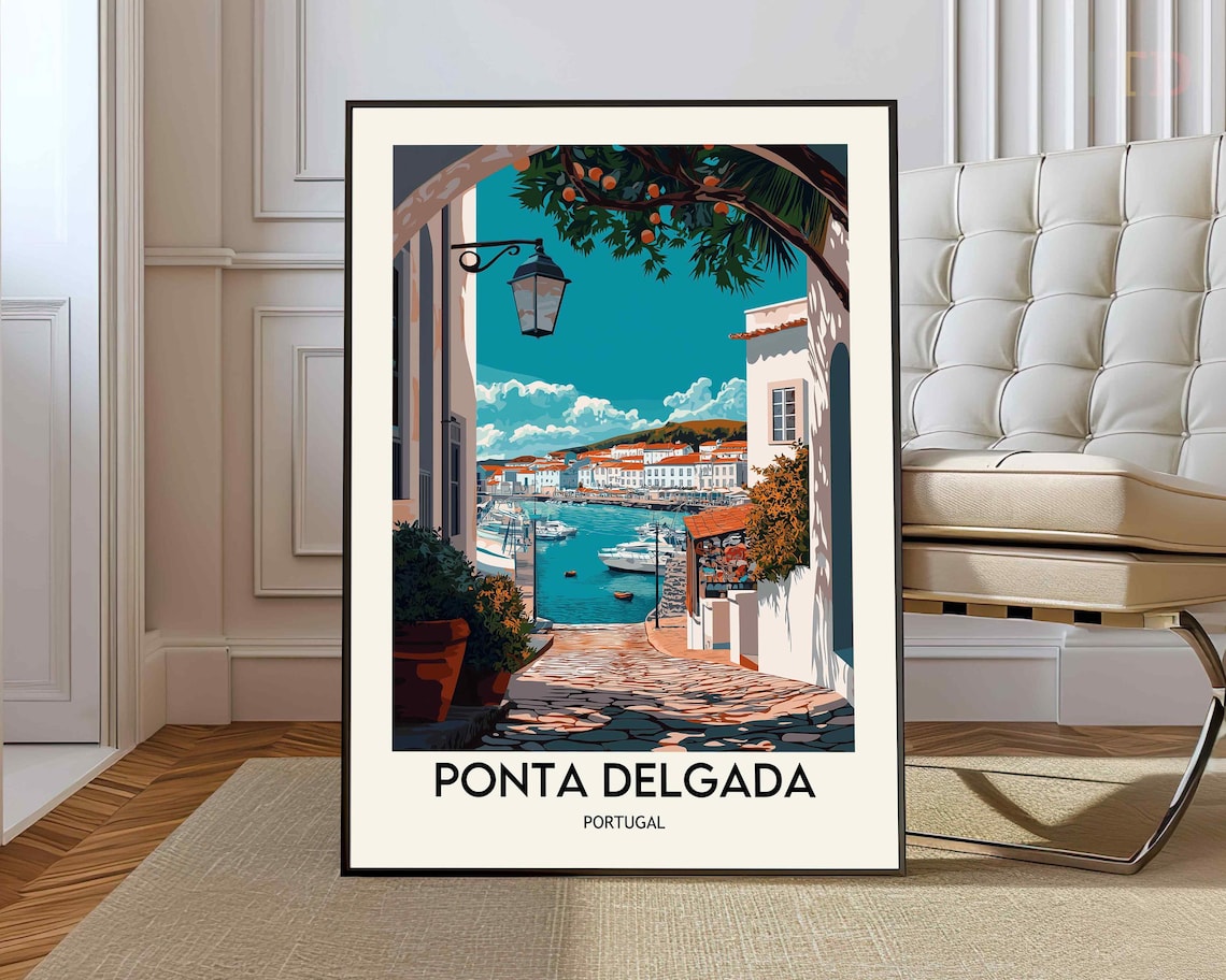 Ponta Delgada Portugal Harbor Illustrated Retro Travel City Poster
