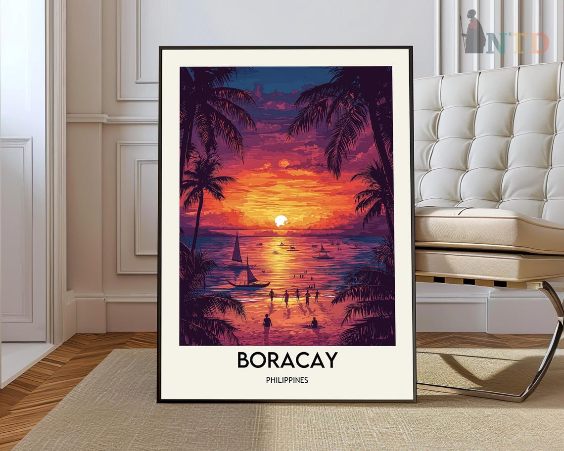 Boracay Philippines Golden Sunset Beachgoers Palm Framed Poster