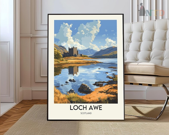 Loch Awe Scotland Castle Loch Reflection Mountains Travel Poster