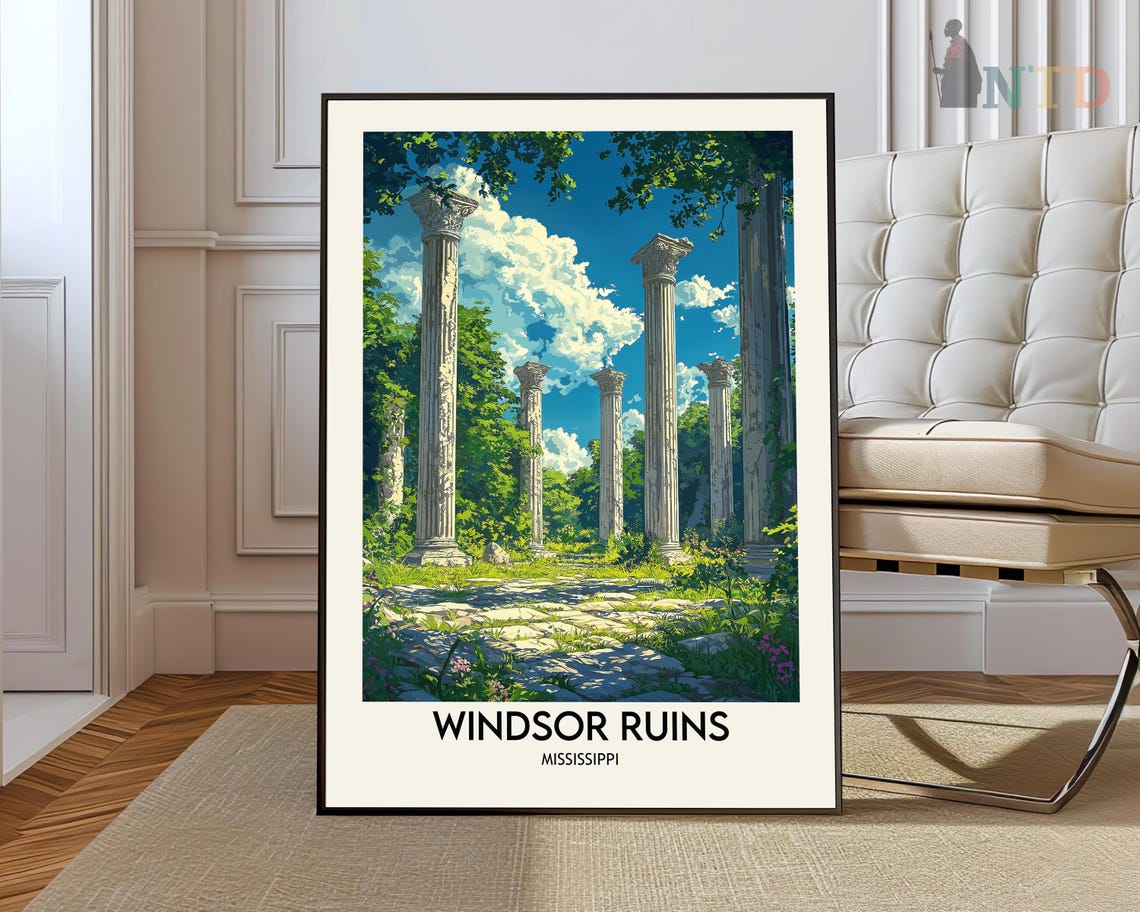 Windsor Ruins Mississippi Ancient Columns Vintage Travel Art Poster