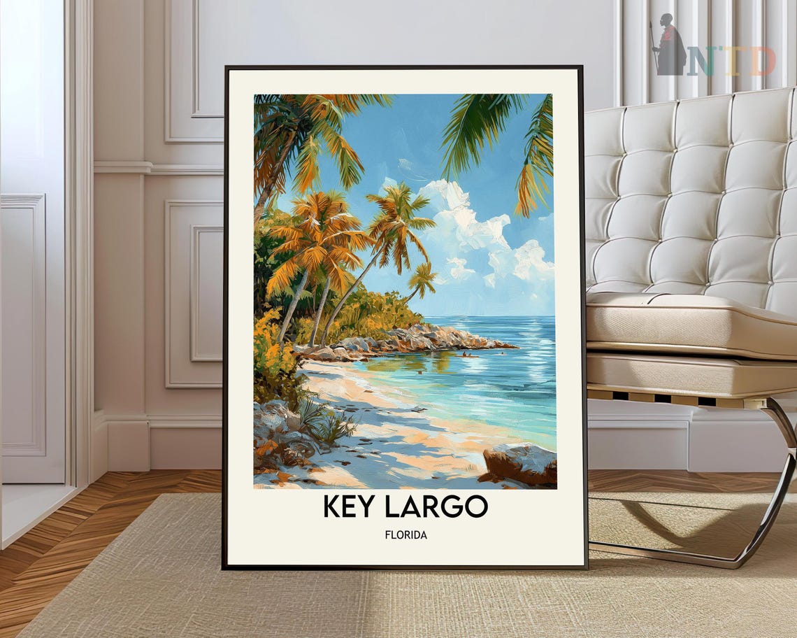Key Largo Florida Tropical Beach Palm Trees Vintage Travel Poster