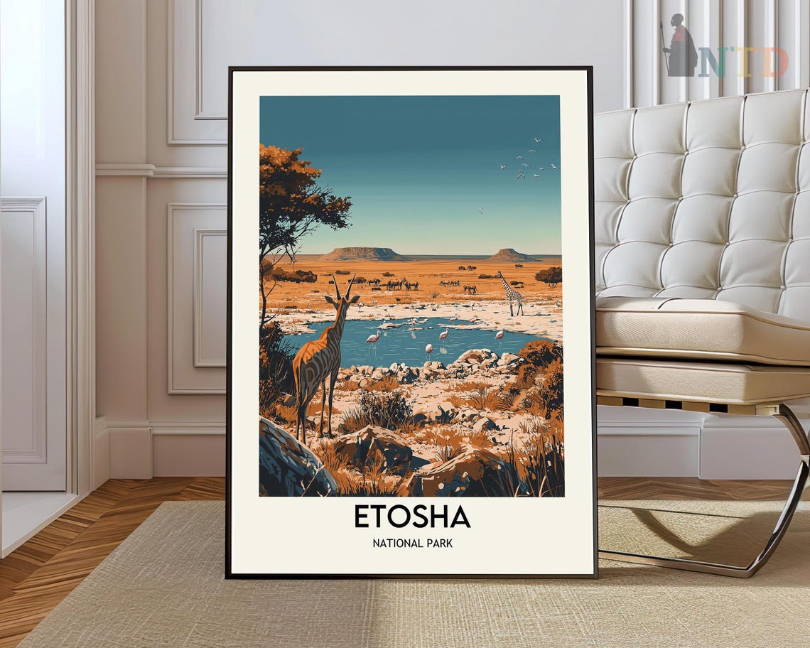 Etosha National Park Safari Waterhole Namibia Africa Travel Poster