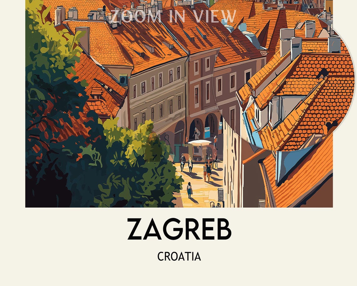 Zagreb Old Town Red Rooftops Church Spire Vintage Travel Poster - Image 2