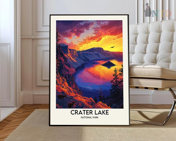 Crater Lake National Park Fiery Sunset Wizard Island Travel Poster