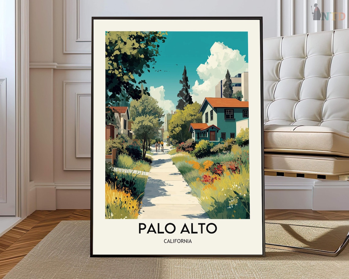 Palo Alto California Leafy Residential Street Travel Poster Art
