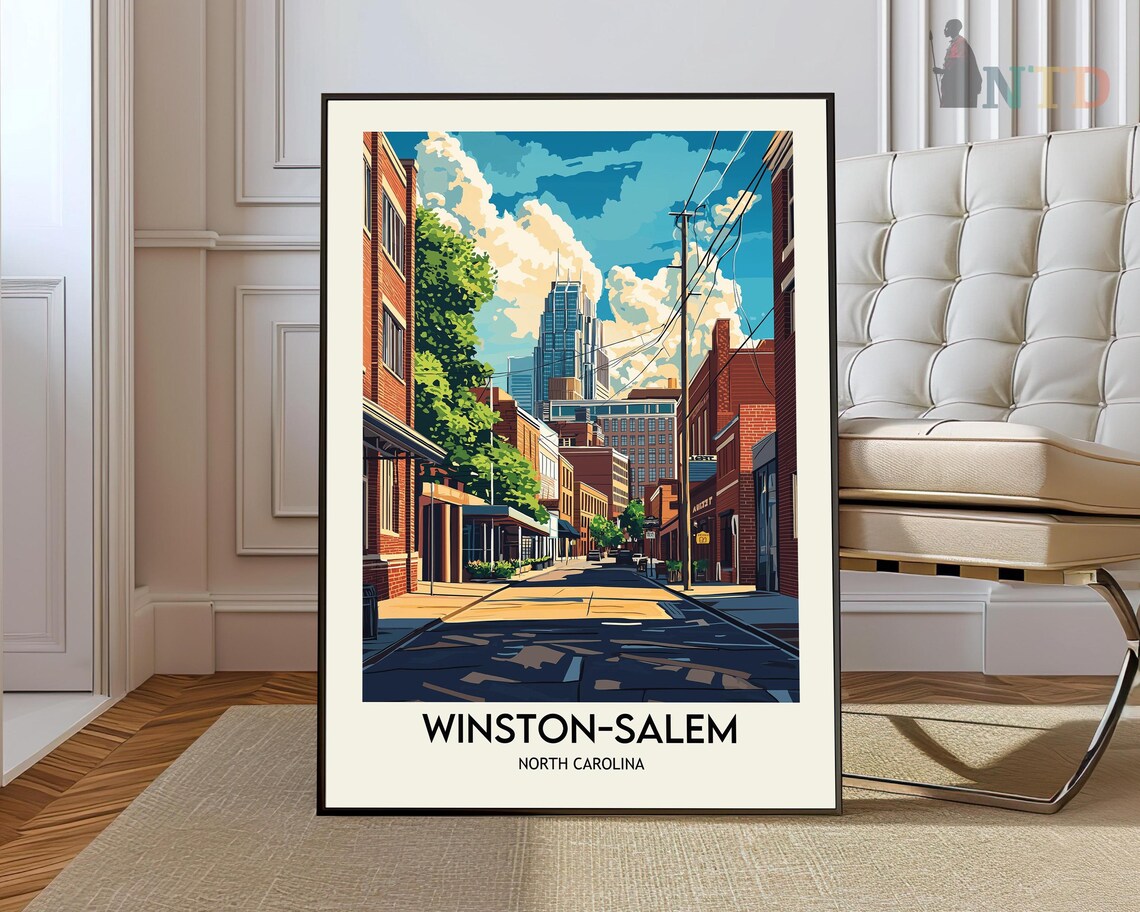 Winston Salem North Carolina Vintage Travel Poster Downtown Street Scene