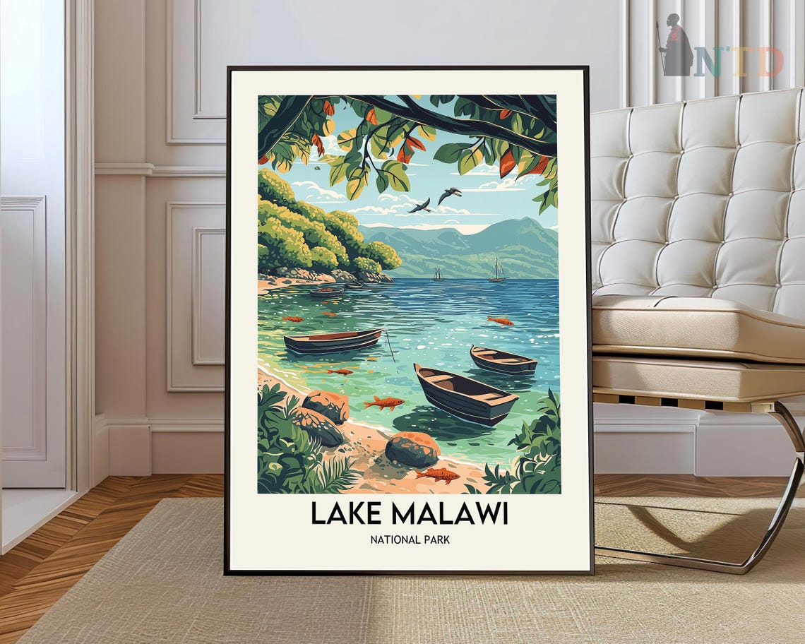 Lake Malawi National Park Tropical Beach Boats Africa Travel Poster