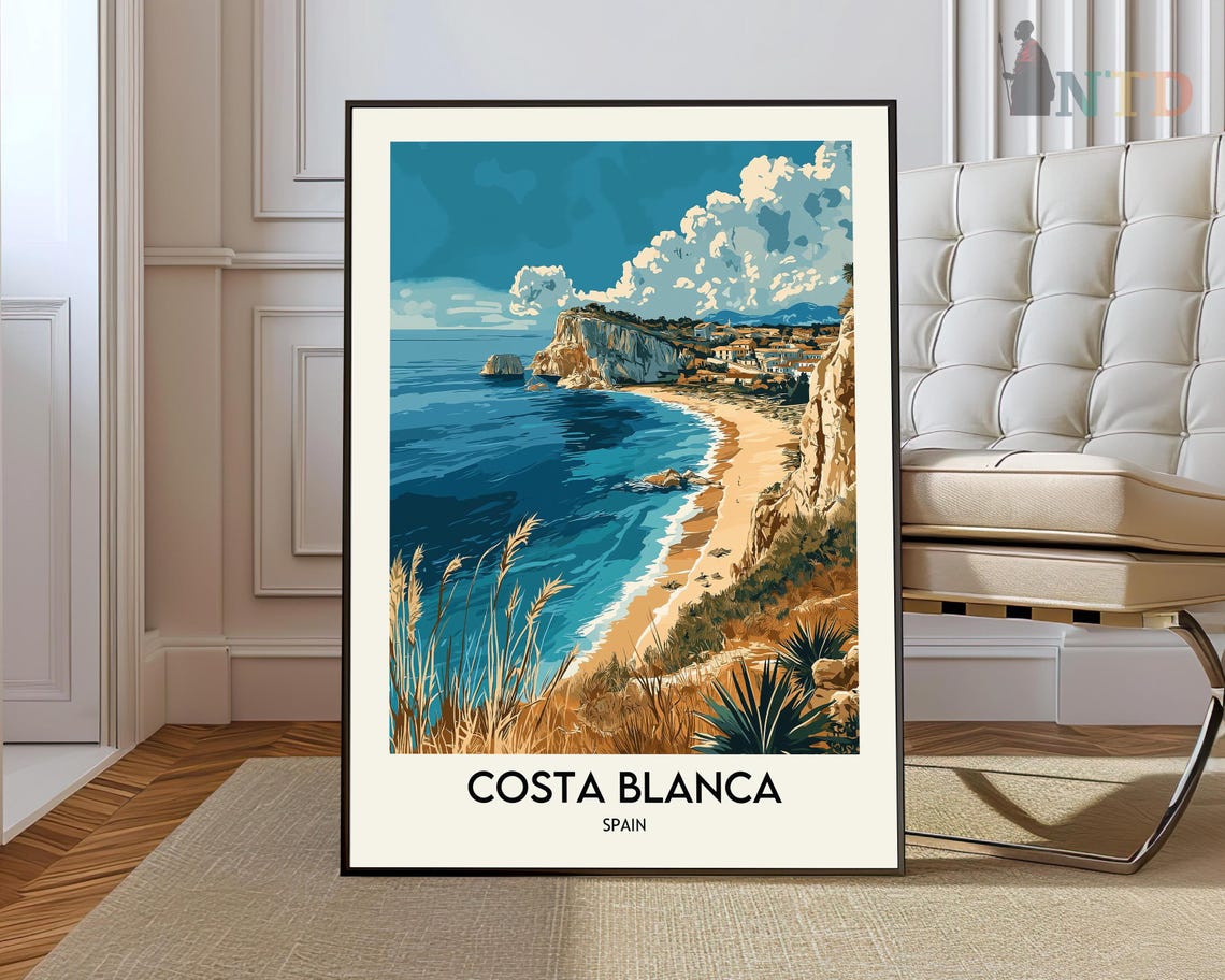 Costa Blanca Spain Sandy Beach Cove and Cliffs Travel Poster