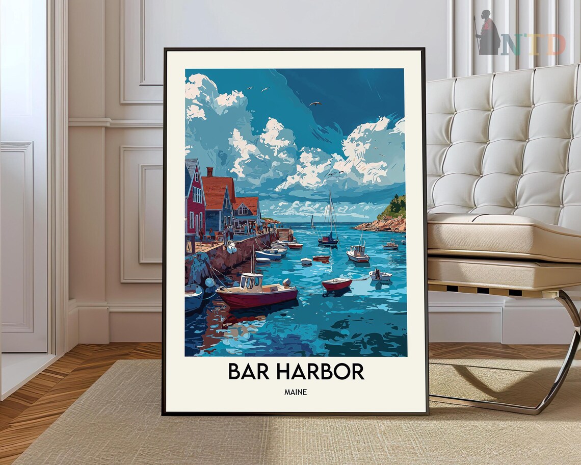 Bar Harbor Maine Fishing Boats Colorful Harbor Buildings Travel Poster