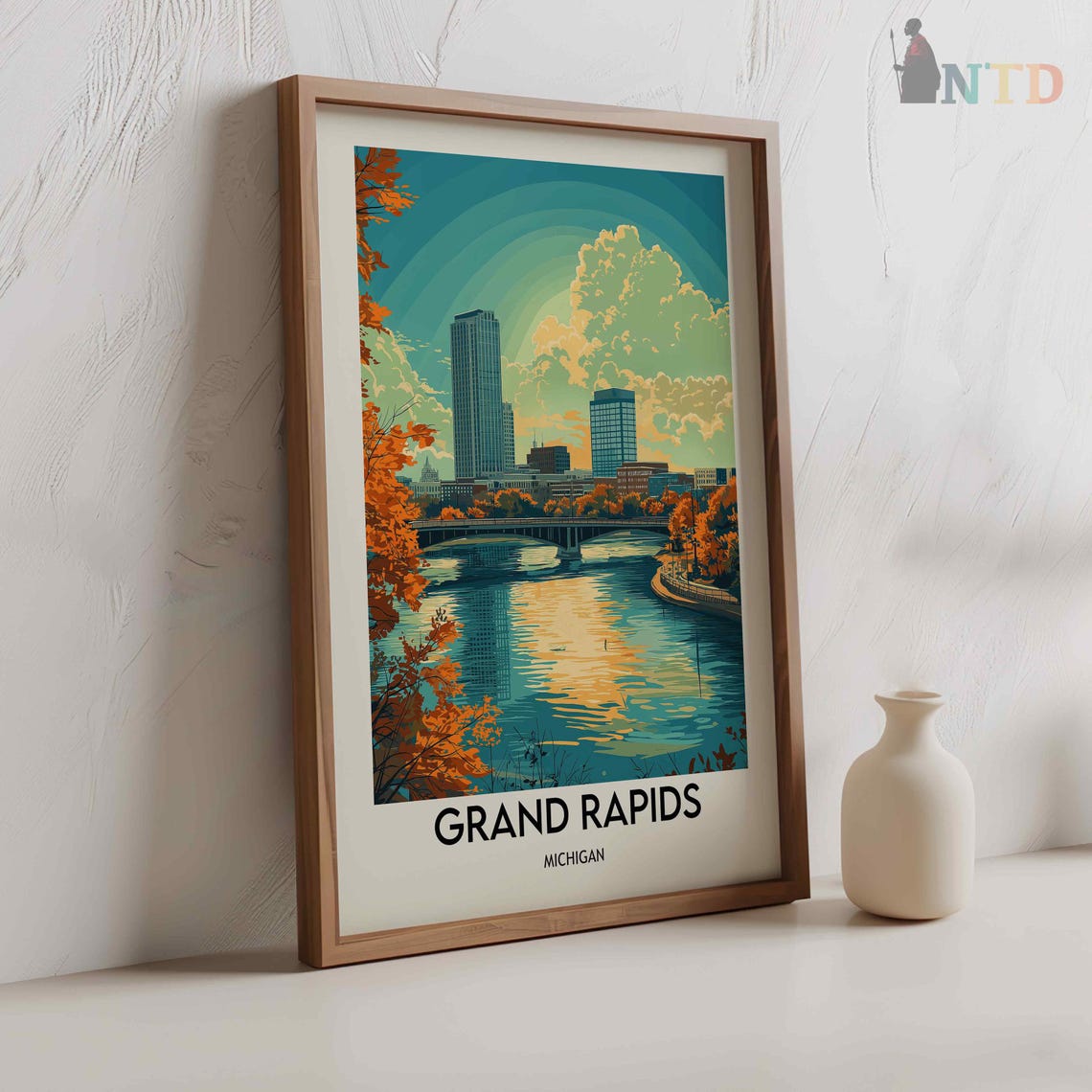 Grand Rapids Michigan Autumn River Skyline With Historic Bridge Poster - Image 2