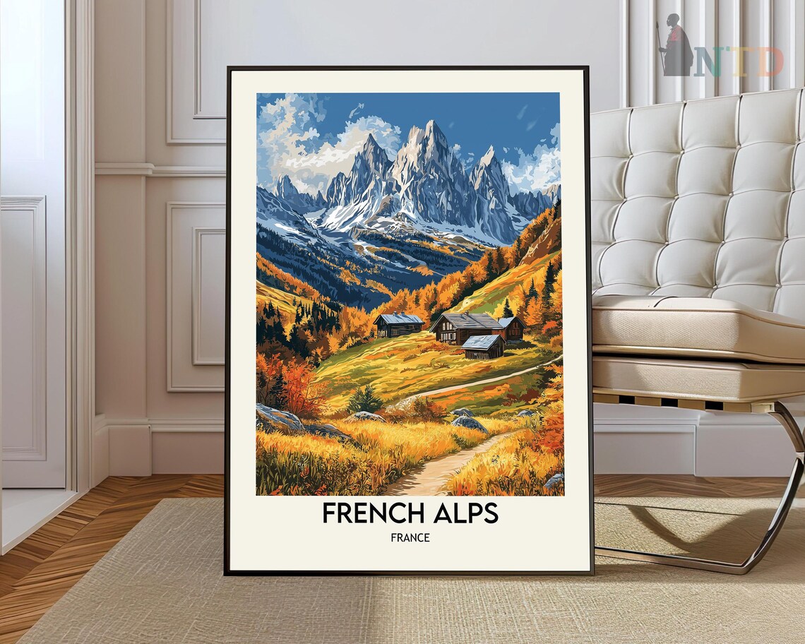French Alps Autumn Meadow Chalets Jagged Peaks Vintage Travel Poster