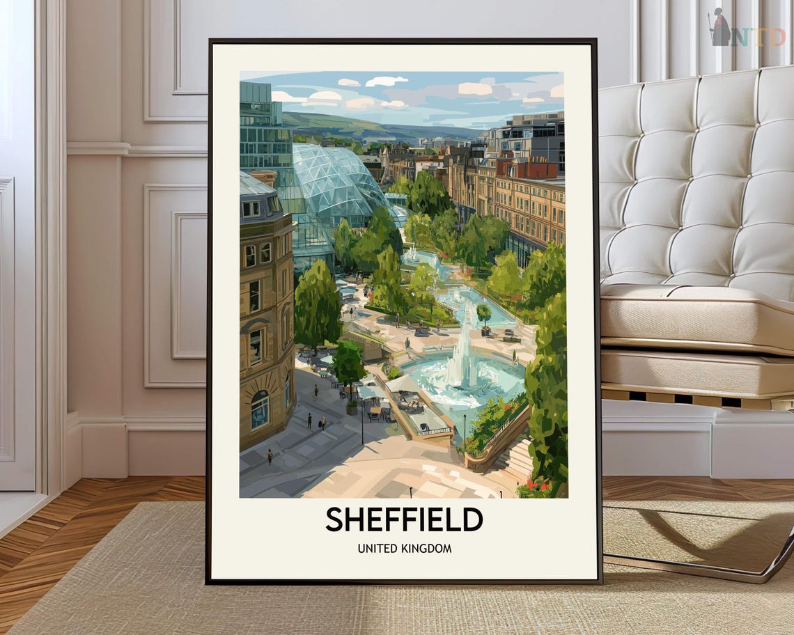 Sheffield Peace Gardens Cascading Fountains Green Square Poster
