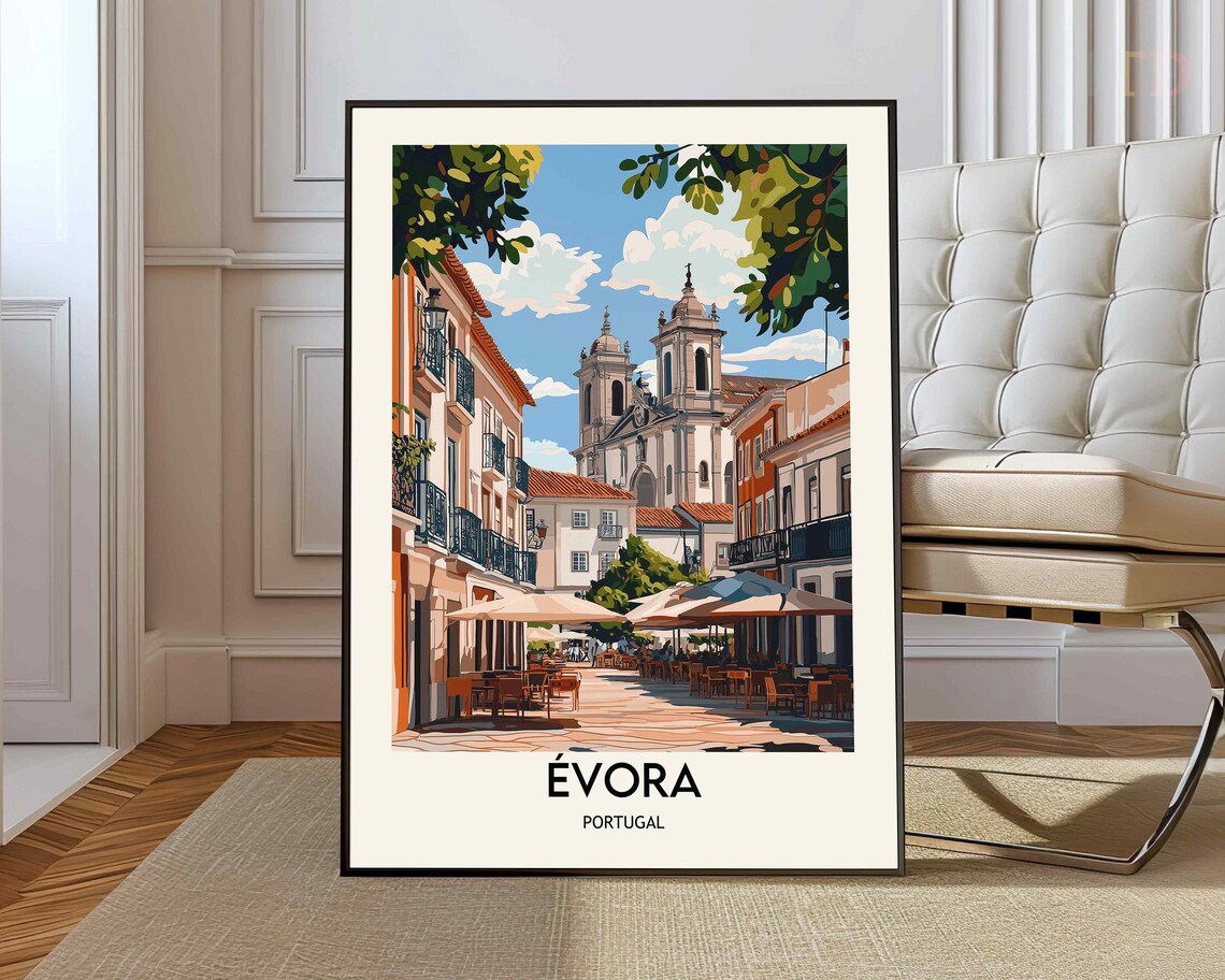 Evora Portugal Cathedral Plaza With Cafes Alentejo Travel Poster