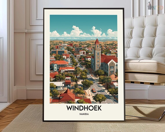 Windhoek Namibia Cityscape Avenue Christ Church Vintage Travel Poster
