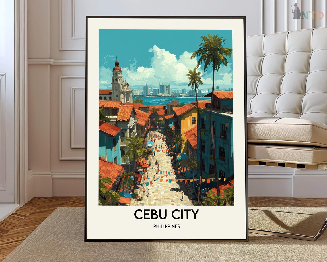 Cebu City Philippines Festival Street With Church And Palms Poster