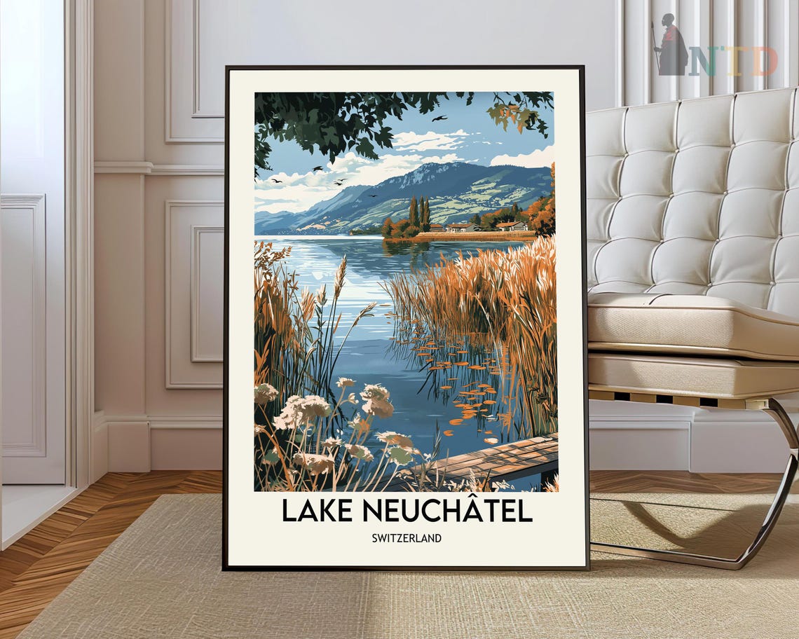 Lake Neuchatel Switzerland Shoreline Reeds Travel Poster Nature View