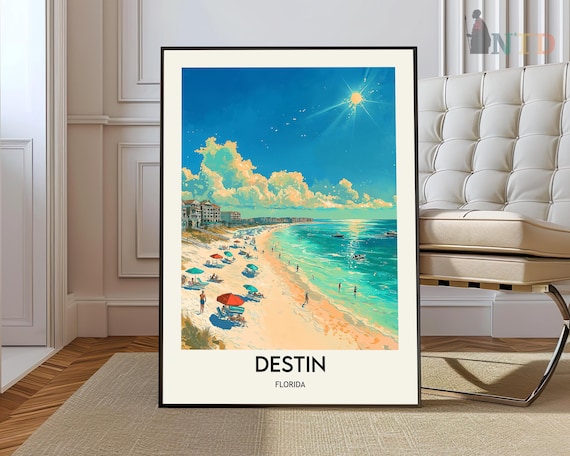 Destin Florida Sunny Beach Umbrellas Retro Travel Illustration Poster