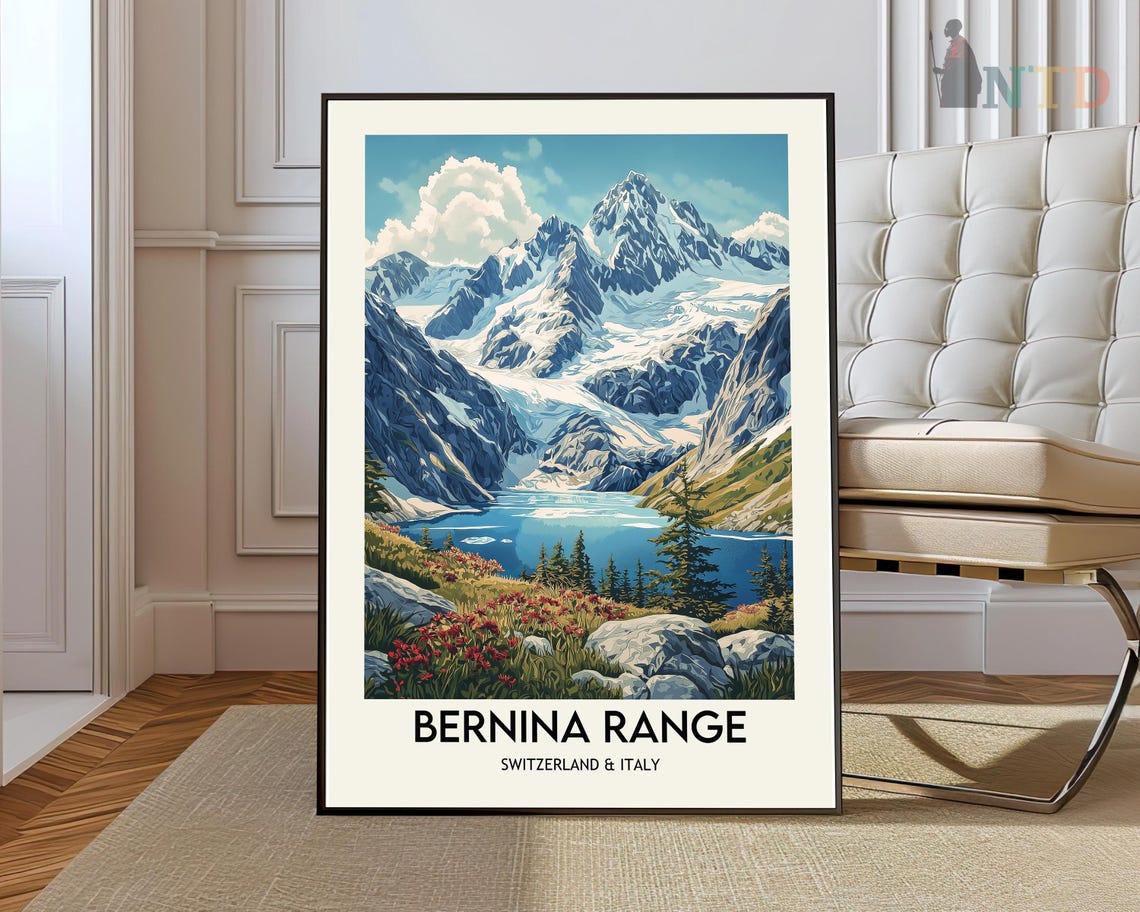 Bernina Range Switzerland Italy Glacier Peaks Lake Travel Poster