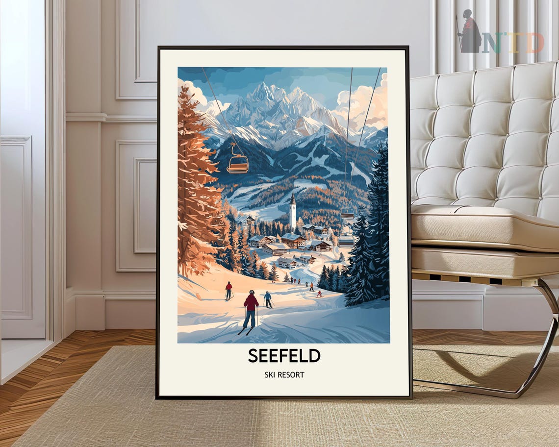 Seefeld Ski Resort Alpine Village Gondola Retro Winter Travel Poster
