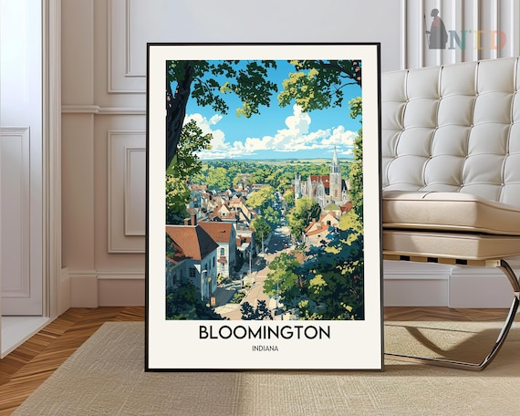 Bloomington Indiana Illustrated Vintage Town View Travel Poster
