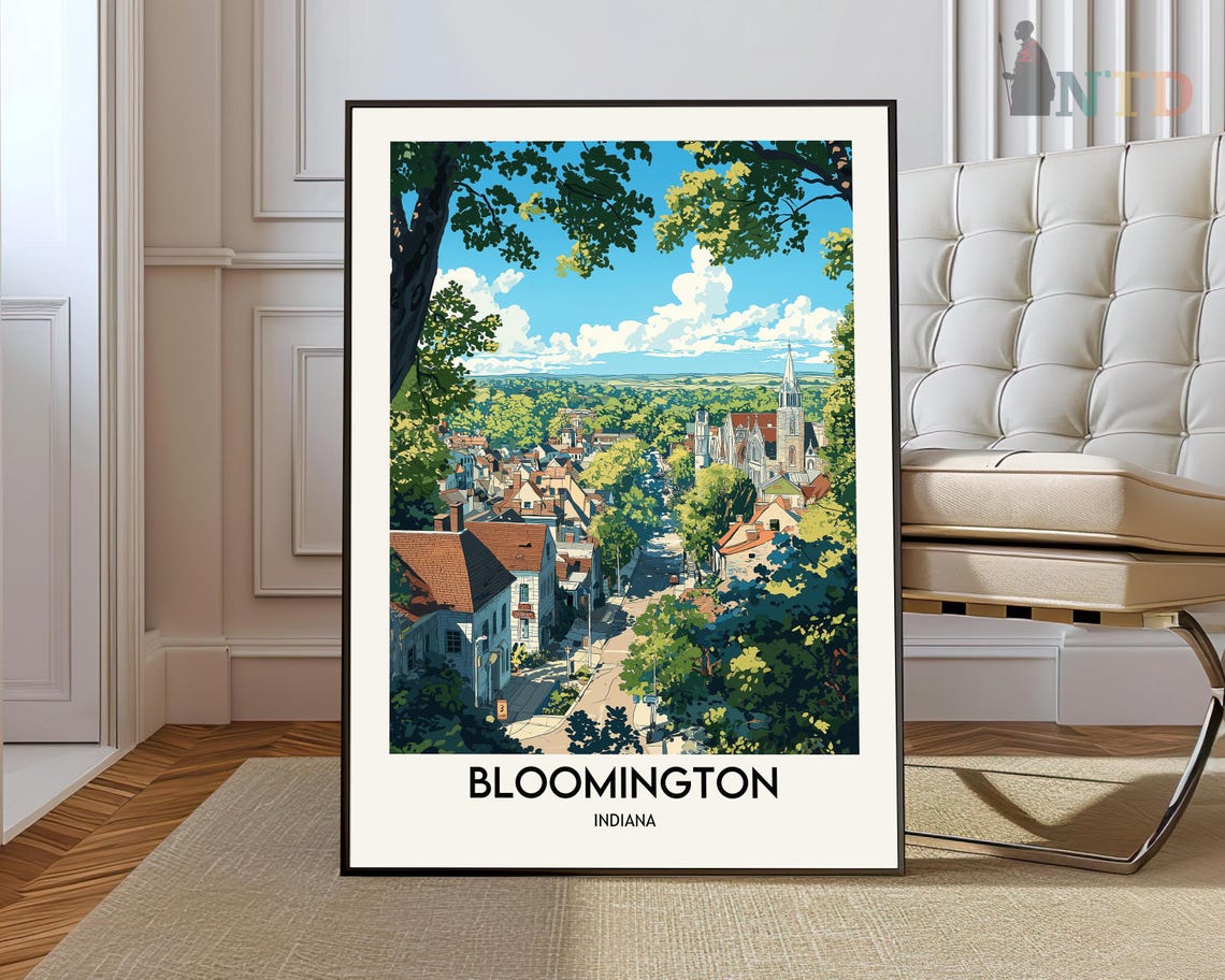 Bloomington Indiana Illustrated Vintage Town View Travel Poster
