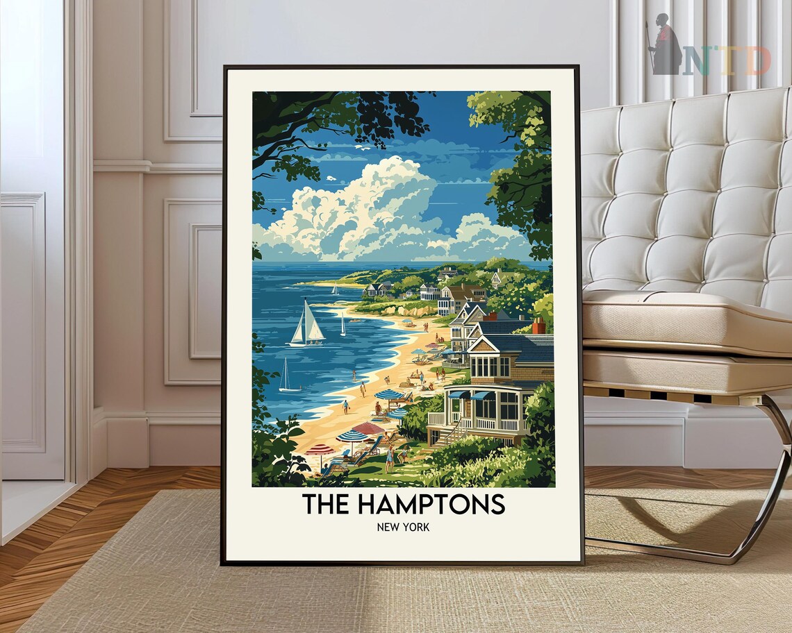 The Hamptons New York Summer Beach Sailboats Seaside Travel Poster