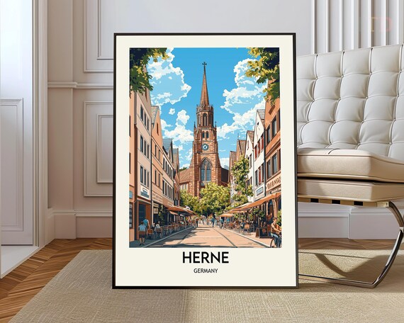 Herne Germany Travel Poster Historic Church on Old Town Street