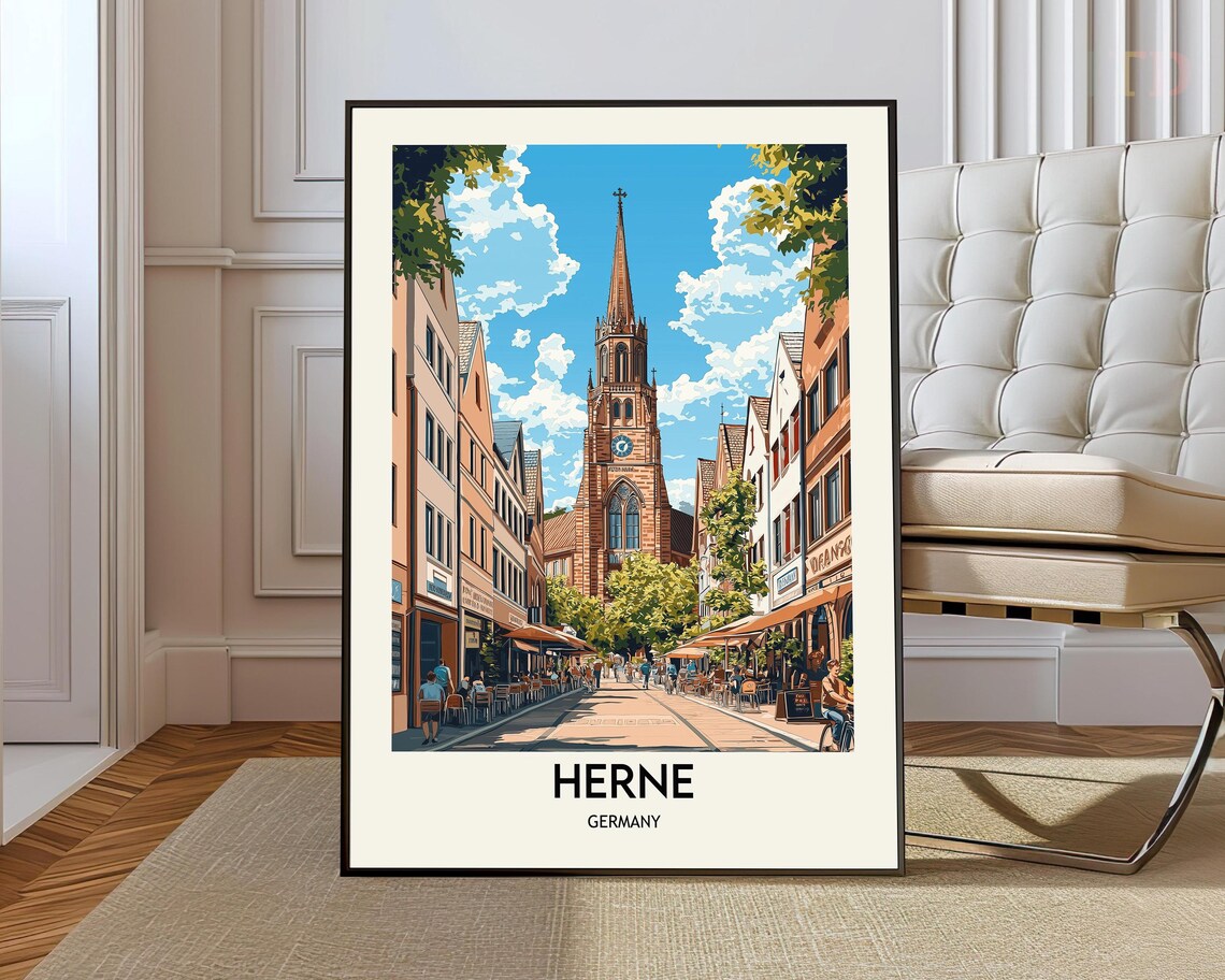 Herne Germany Travel Poster Historic Church on Old Town Street