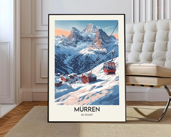 Murren Ski Resort Red Gondola Alpine Village Vintage Ski Poster