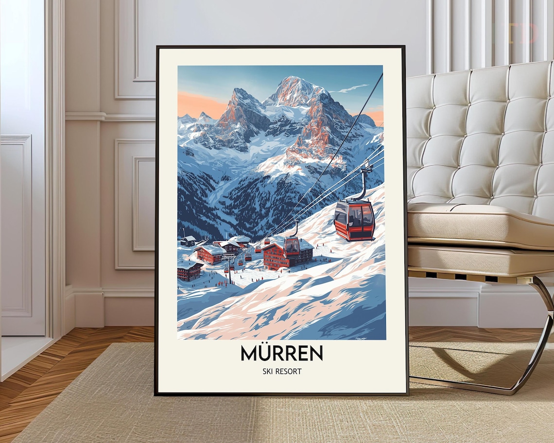 Murren Ski Resort Red Gondola Alpine Village Vintage Ski Poster