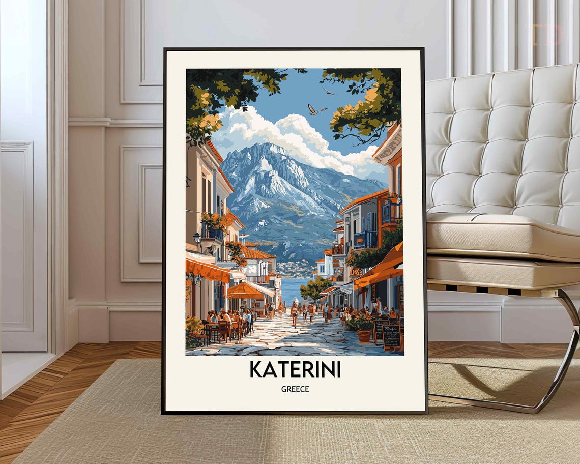 Katerini Greece Mountain Town Cobblestone Street Travel Poster