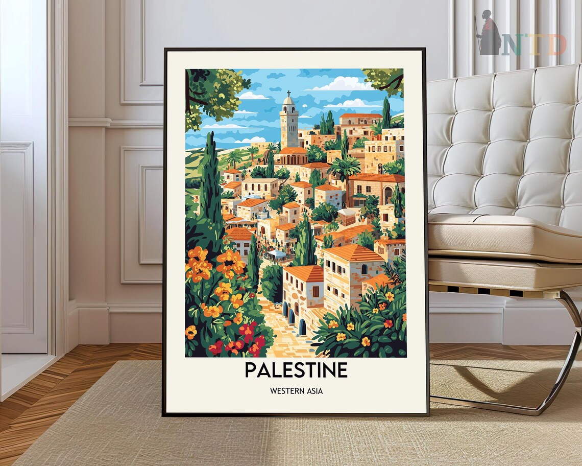 Palestine Hill Town Minaret Flowers Heritage Vintage Travel Poster