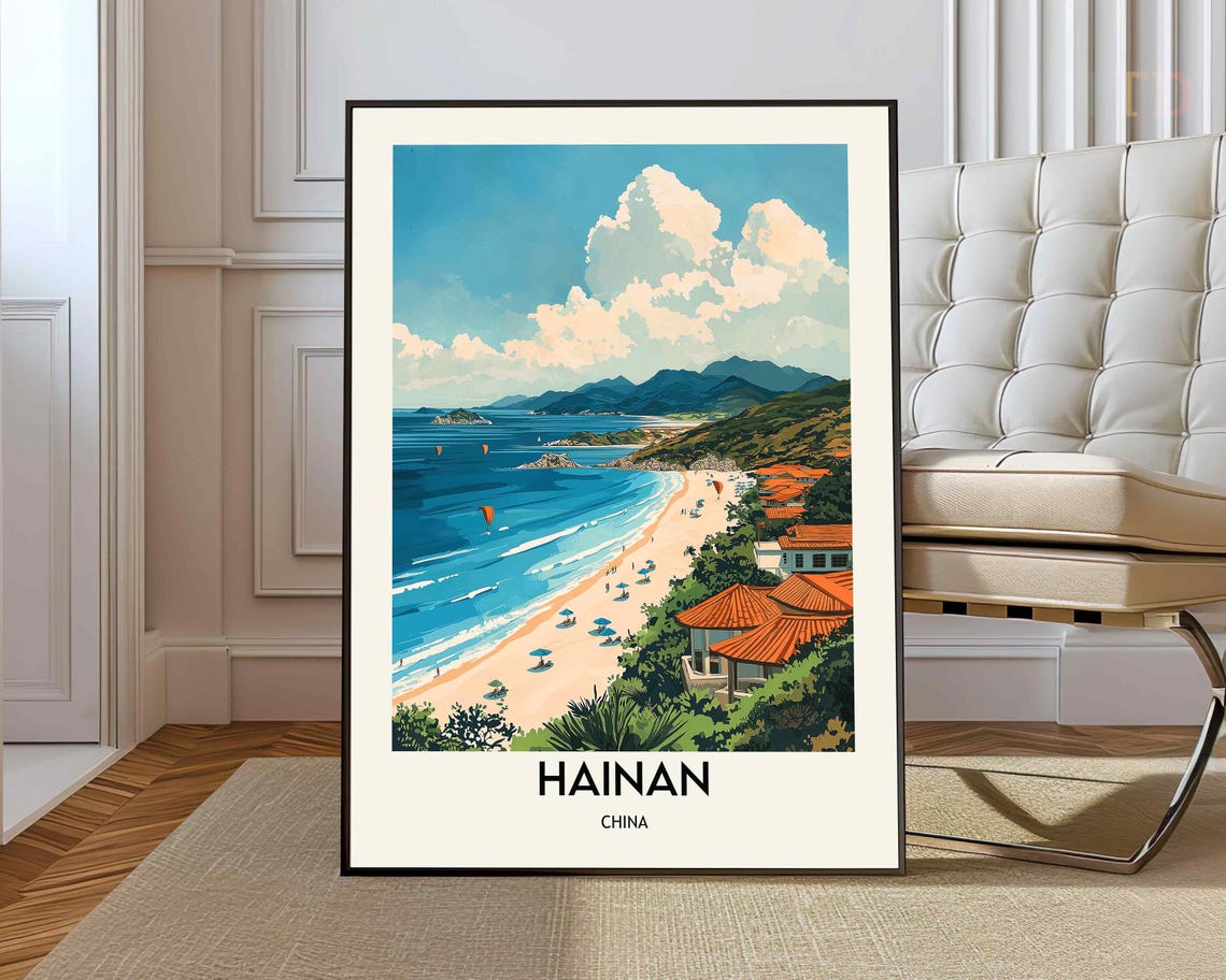 Hainan China Beach Travel Poster Tropical Coastline Paradise Decor